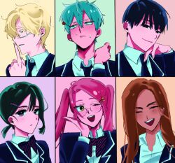  3boys 3girls :d ;d alien_stage anakt_arts_high_school_uniform aqua_hair black_bow black_bowtie black_eyes black_hair black_jacket black_necktie blazer blonde_hair blush bow bowtie brown_hair closed_eyes collared_shirt commentary diagonal-striped_bow diagonal-striped_bowtie diagonal-striped_clothes english_commentary fang finger_to_mouth glasses green_eyes hair_ornament hairclip hyuna_(alien_stage) ivan_(alien_stage) jacket long_hair luka_(alien_stage) mizi_(alien_stage) multiple_boys multiple_girls necktie one_eye_closed pink_hair red_pupils school_uniform sea_alnst shirt shushing smile striped_bow striped_bowtie striped_clothes sua_(alien_stage) sweat till_(alien_stage) violet_eyes white_shirt yellow_eyes 