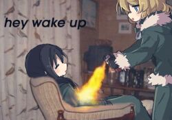  2girls :o =_= armchair black_gloves blue_eyes blush_stickers chair chito_(shoujo_shuumatsu_ryokou) closed_eyes coat crt curtains english_text fire from_side fur-trimmed_coat fur-trimmed_sleeves fur_trim gloves green_coat green_pants holding holding_lighter holding_spray_can indoors lighter looking_at_another military_uniform multiple_girls pants parted_lips photo-referenced photo_background shoujo_shuumatsu_ryokou sitting sleeping spray_can yeolomang yuuri_(shoujo_shuumatsu_ryokou) 