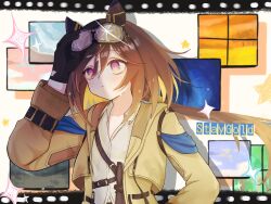  1girl animal_ears black_gloves character_name combat_knife ear_covers flat_chest gloves goggles goggles_on_head hair_between_eyes hand_in_pocket highres horse_ears horse_girl jacket knife multicolored_eyes multicolored_hair nemuinemu no_nose shirt solo stay_gold_(sunlit_outsider)_(umamusume) stay_gold_(umamusume) straight-on two-tone_hair umamusume upper_body violet_eyes weapon white_shirt yellow_jacket 