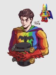  1boy batman batman_(series) brown_hair bruce_wayne cape closed_eyes dc_comics glacier_gladis gloves highres lego_batman_3:_beyond_gotham minikit rainbow_cape red_gloves simple_background solo the_lego_group 
