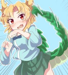  1girl absurdres anger_vein angry antlers blonde_hair blue_background blue_shirt blush commentary_request dragon_girl dragon_horns dragon_tail emphasis_lines fang fur-tipped_tail green_scales highres horns kicchou_yachie long_sleeves looking_at_viewer medium_hair motion_lines open_mouth red_eyes scales schinfaxi1996 shirt solo square_neckline tail touhou turtle_shell yellow_horns 