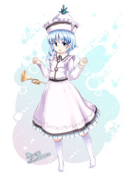 1girl blue_eyes blue_hair blush collared_shirt commentary_request dated frilled_shirt_collar frilled_skirt frills full_body furim hat highres instrument kneehighs long_sleeves looking_at_viewer medium_hair merlin_prismriver pink_hat pink_skirt pink_vest shirt signature skirt skirt_set socks solo touhou trumpet vest white_socks 