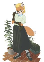  1girl adjusting_eyewear animal_ear_fluff animal_ears arm_under_breasts bag black_bag black_boots black_skirt blonde_hair body_fur boots brick_floor closed_mouth collared_shirt colored_extremities commentary_request elbow_carry eyewear_pull faux_figurine fox_ears fox_girl fox_tail full_body furry furry_female glasses green_eyes hair_ornament hairclip highres lace-up_boots long_skirt looking_at_viewer looking_over_eyewear orange_fur original plant potted_plant shirt shirt_tucked_in short_hair short_sleeves signature simple_background skirt smile socks solo standing tail white_background white_shirt white_socks yanamosuda 