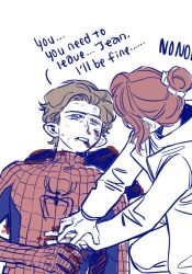  1boy 1girl animal_print blood blood_on_clothes blood_on_face blood_splatter bodysuit brown_eyes brown_hair dying english_text full_body furrowed_brow hair_bun hair_tie hand_on_another's_stomach jacket jean_grey long_sleeves looking_at_another lying marvel multicolored_bodysuit nanshan on_back orange_hair pants peter_parker print_bodysuit short_hair spider-man spider-man:_brand_new_day spider-man_(series) spider_print spider_web_print squatting superhero_costume sweat two-tone_bodysuit upper_body white_background 