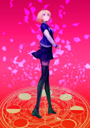  1girl alice_margatroid alternate_costume black_boots blonde_hair blue_eyes blue_jacket blue_skirt boots closed_mouth commentary_request full_body hairband high_heel_boots high_heels highres jacket long_sleeves magic_circle pink_background pleated_skirt red_hairband short_hair skirt smile solo thigh_boots touhou wakichimiu 