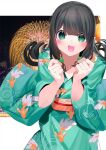  1girl :d aerial_fireworks animal_print bangs black_hair blush bow chikuwa. clenched_hands commentary_request eyebrows_hidden_by_hair fireworks fish_print goldfish_print green_bow green_eyes green_kimono hair_bow hands_up highres japanese_clothes kimono long_hair long_sleeves looking_at_viewer night night_sky obi original print_kimono sash sidelocks sky smile solo star_(sky) starry_sky v-shaped_eyebrows 