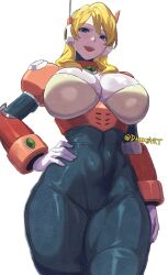  absurdres alia_(mega_man) android armor blonde_hair blue_eyes bodysuit breasts commentary darkyart dynamic_pose english_commentary gloves grey_pants hair_between_eyes hand_on_own_hip highres huge_breasts looking_at_viewer looking_down medium_hair mega_man_(series) mega_man_x_(series) naughty_face pants partially_shaded_face pink_armor pov radio_antenna robot_ears robot_girl thick_thighs thighs white_gloves wide_hips 