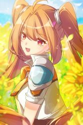  1girl antenna_hair armor brown_hair cropped_jacket double-parted_bangs eiyuu_densetsu estelle_bright flower hair_intakes happy_birthday highres open_mouth pauldrons red_eyes shoulder_armor simple_background single_pauldron sora_no_kiseki sunflower twintails zer00han 
