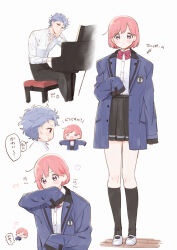  1boy 1girl 2025 black_pants black_skirt black_socks blue_jacket blush bow bowtie chibi collared_shirt commentary_request dated full_body grey_hair habataki_academy_school_uniform head_on_hand highres instrument jacket krudears outstretched_arms pants piano pink_hair pleated_skirt protagonist_(tokimemo_gs3) red_bow red_bowtie school_uniform shirt shitara_seiji shoes short_hair sitting skirt sleeves_past_fingers sleeves_past_wrists socks standing tokimeki_memorial tokimeki_memorial_girl's_side tokimeki_memorial_girl's_side_3rd_story violet_eyes white_shirt white_shoes 