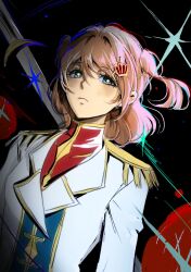 1girl aijo_karen aqua_pupils arms_at_sides black_background blue_jacket bright_pupils brown_eyes brown_hair closed_mouth commentary crown_hair_ornament epaulettes hair_between_eyes hair_ornament hairclip highres jacket long_bangs long_sleeves looking_at_viewer multicolored_jacket official_alternate_costume red_shirt sanoon shirt short_hair shoujo_kageki_revue_starlight solo sparkle sword two-tone_jacket two_side_up untranslatable_commentary upper_body weapon white_jacket white_pupils 