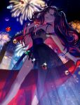  1girl bangs bare_legs black_choker black_dress black_hair black_ribbon blue_eyes breasts choker colored_inner_hair dress elizabeth_tower fate/grand_order fate_(series) fireworks gem hair_ribbon highres holding holding_gem ishtar_(fate) long_dress looking_at_viewer multicolored_hair night night_sky official_alternate_costume one_eye_closed open_mouth outdoors parted_bangs redhead ribbon sky small_breasts solo space_ishtar_(fate) star_(sky) starry_sky thighlet tohsaka_rin twintails two-tone_hair ubwmitekure 