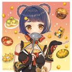 1girl armlet bangs black_gloves black_hair blunt_bangs braid chinese_clothes commentary_request covering_mouth eating elbow_gloves fingerless_gloves food genshin_impact gloves guoba_(genshin_impact) hair_ornament hairclip highres holding holding_ladle karanashi_mari ladle long_hair looking_away looking_to_the_side plate red_panda sidelocks thick_eyebrows twin_braids xiangling_(genshin_impact) yellow_eyes 