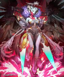  1girl barefoot black_wings bone bone_hair_ornament breasts bright_pupils clawed_hands clenched_teeth colored_sclera colored_skin commentary_request company_name copyright_notice cygames dress exposed_bone exposed_muscle extra_digits feathered_wings full_body grey_dress grey_lips grey_sclera grey_skin hair_ornament highres large_breasts large_hands long_toenails lord_of_souls_(shadowverse) monster_girl multiple_wings official_art ribs shadowverse shadowverse_(animated_series) shadowverse_flame sleeveless sleeveless_dress solo teeth toenails white_eyes white_pupils wings xui_ton 