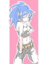  1girl ammunition_belt black_gloves black_pants black_tank_top blue_hair blush cargo_pants commentary_request d_sugama earrings gloves hand_on_own_arm highres jewelry leona_heidern navel pants ponytail solo stomach strap_slip tank_top the_king_of_fighters the_king_of_fighters_xiii triangle_earrings 