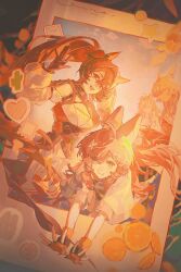  4girls absurdres ahoge angelina_(arknights) angelina_the_mellow_wish_(arknights) animal_ear_fluff animal_ears arknights black_collar black_gloves black_hairband brown_hair closed_eyes collar detached_sleeves dress evening fake_photograph food fox_ears fox_girl fruit gloves hair_between_eyes hairband hand_up heart highres infection_monitor_(arknights) jacinta_(arknights) leaning_forward long_hair long_sleeves looking_at_viewer multicolored_hairband multiple_girls open_mouth orange_(fruit) orange_gloves orange_slice outstretched_arms pink_eyes pink_hair rabbit_ears rabbit_girl sili5291 sky smile thumpy_(arknights) timeslot_(arknights) twintails two-tone_hairband waving white_dress 