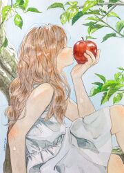  1girl apple arm_at_side blue_sky brown_hair closed_eyes commentary_request day dress feet_out_of_frame food from_side fruit hand_up highres holding holding_food holding_fruit in_tree kissing_object leaf long_hair original outdoors painting_(medium) profile shinomiya_nanase sitting sky sleeveless sleeveless_dress solo traditional_media tree watercolor_(medium) wavy_hair white_dress 