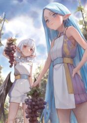  2girls absurdly_long_hair bare_arms bare_shoulders bingwei_huang black_wings blue_eyes blue_hair breasts closed_mouth commentary dress elf flat_chest food fruit grapes hand_on_own_hip highres holding holding_food holding_fruit long_hair long_pointy_ears looking_at_viewer low_wings medium_hair multiple_girls original outdoors parted_bangs pointy_ears red_eyes romper sleeveless sleeveless_dress small_breasts straight_hair untranslatable_commentary very_long_hair white_dress white_hair white_romper wings 