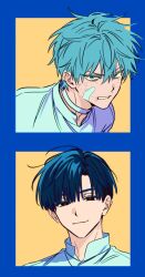  2boys alien_stage aqua_eyes aqua_hair black_eyes black_hair choker clenched_teeth closed_eyes commentary highres ivan_(alien_stage) light_smile male_focus multiple_boys nnf404 red_pupils shirt teeth till_(alien_stage) untranslatable_commentary white_choker white_shirt yellow_background 