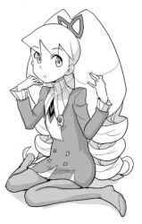  1girl bad_id dress drill_hair greyscale heriyama long_hair looking_at_viewer lowres luna_platz_(mega_man) mega_man_(series) mega_man_star_force_(series) monochrome pantyhose parted_lips simple_background sitting twin_drills very_long_hair white_background 