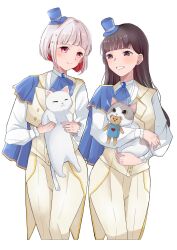  2girls :d animal animification ascot blue_ascot blue_cape blue_hat blunt_bangs blush brown_hair buttons cape cat center-flap_bangs closed_mouth colored_inner_hair commentary_request double-breasted flower_stand_art grin hana_sakeba_yume_kakeru hat highres holding holding_animal holding_cat jacket love_live! love_live!_hasu_no_sora_jogakuin_school_idol_club love_live!_hasu_no_sora_jogakuin_school_idol_club_bloom_garden_party mouth_hold multicolored_hair multiple_girls pants real_life red_hair red_streaks roku_aya_fuyu sasaki_kotoko shirt short_hair side_cape sleeveless sleeveless_jacket smile sparkle_hair_ornament streaked_hair voice_actor voice_actor_connection white_cat white_jacket white_pants white_shirt yugiri_tsuzuri 