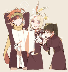  ... 1girl 2boys allen_walker arm_behind_back arms_behind_head black_order_uniform brown_coat brown_dress brown_jacket coat collared_dress collared_jacket commentary_request creature creature_on_head cross d.gray-man dress earrings emblem eyepatch facial_mark feathered_wings front_zipper gloves golem_(d.gray-man) green_eyes green_hair green_headband grey_background grey_eyes hair_between_eyes hand_on_own_chin headband holding holding_map hood hood_down hooded_coat hoop_earrings iyo_(kurumiwarin) jacket jewelry lavi lenalee_lee long_coat long_dress long_hair long_sleeves looking_at_object looking_to_the_side map multiple_boys one_eye_covered orange_hair parted_bangs parted_lips scar scar_on_face scarf short_hair sidelocks simple_background speech_bubble spiky_hair striped_clothes striped_coat striped_headband striped_jacket stud_earrings tail timcanpy twintails upper_body vertical-striped_clothes vertical-striped_coat vertical-striped_jacket very_long_hair violet_eyes white_gloves white_hair wings yellow_scarf zipper 