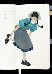  1girl absurdres baichuan_baichuan black_eyes black_shoes blue-framed_eyewear blue_shirt braid brown_hair chinese_commentary commentary_request dated doughnut food food_in_mouth full_body glasses hair_ornament hairclip highres loafers long_hair long_skirt mole mole_under_eye original pantyhose polka_dot procreate_(medium) puffy_short_sleeves puffy_sleeves shirt shoes short_sleeves simple_background sketch skirt socks solo teeth twin_braids white_background white_socks 