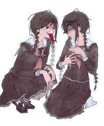  2girls braid brown_hair brown_serafuku brown_shirt brown_shoes brown_skirt collared_shirt commentary crazy_eyes crazy_smile danganronpa:_trigger_happy_havoc danganronpa_(series) dual_persona eye_contact fukawa_toko full_body genocider_sho gloom_(expression) hair_between_eyes hair_over_shoulder hand_on_own_chest highres loafers long_hair long_sleeves long_tongue looking_at_another looking_back mole mole_under_mouth multiple_girls neckerchief no_shoes parted_lips pink_neckerchief pleated_skirt red_eyes round_eyewear sailor_collar school_uniform serafuku shirt shoes simple_background single_sidelock sitting skirt smile socks squatting tongue tongue_out twin_braids very_long_hair wariza white_background white_sailor_collar white_socks yuhu_(yf_u_0_0) 