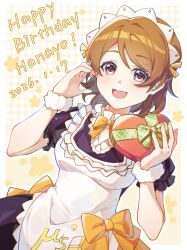  1girl absurdres apron bird black_dress bow bowtie box brown_hair buck_teeth character_name chinese_commentary commentary_request dated dress frilled_apron frills gift half-heart_hands heart-shaped_box highres holding holding_box holding_gift koizumi_hanayo looking_at_viewer love_live! love_live!_school_idol_project maid maid_apron maid_headdress mogyutto_"love"_de_sekkin_chuu! orange_bow orange_bowtie puffy_short_sleeves puffy_sleeves ruoguiling short_hair short_sleeves solo teeth violet_eyes white_apron 