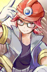  1boy black_shirt closed_mouth commentary_request glasses gloves grey_jacket hand_up helmet hiyakonko_(wkju5433) jacket male_focus medium_hair open_clothes open_jacket pokemon pokemon_diamond/pearl/platinum red_eyes red_hair red_helmet roark_(pokemon) semi-rimless_eyewear shirt signature smile solo white_gloves 