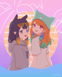  2girls blush colored_tips eyelashes green_hat grey_hoodie hat highres hololive hololive_english hood hood_down hoodie looking_at_viewer multicolored_hair multiple_girls ninomae_ina'nis open_mouth orange_hair remism shirt shutter_shades signature sunglasses takanashi_kiara tentacle_hair violet_eyes virtual_youtuber white_shirt 