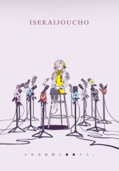  1girl black_flower black_pantyhose blue_flower boots character_name closed_eyes commentary dress flower grey_background grey_hair grin hair_flower hair_ornament hair_over_one_eye highres isekaijoucho kamitsubaki_studio long_hair microphone microphone_stand on_stool pantyhose pink_flower red_flower sari_(gosari_324) shrug_(clothing) simple_background sitting smile solo stool translation_request untranslatable_commentary virtual_youtuber white_boots white_flower white_shrug yellow_dress yellow_flower 