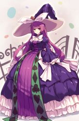  1girl absurdres aged_up bow closed_mouth commentary_request dress duel_monster fence frilled_dress frilled_sleeves frills green_eyes hat heterochromia highres kanzakietc looking_at_viewer madolche_magileine purple_dress purple_hat sleeves_past_wrists solo white_bow witch witch_hat yu-gi-oh! 