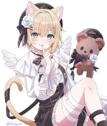  1girl absurdres animal_ears black_corset black_hat black_nails black_ribbon black_skirt blonde_hair capelet cat_ears corset cross_hair_ornament finger_to_mouth flower frilled_sleeves frills fuusuke_(fusuke208) green_eyes hair_flower hair_intakes hair_ornament hairclip hat highres index_finger_raised kurumi_noah kurumi_noah_(4th_costume) long_sleeves looking_at_viewer nail_polish neck_ribbon ribbon rose simple_background sitting skirt solo vspo! white_background white_capelet white_flower white_rose wings 