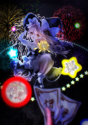  3girls absurdres aerial_fireworks apron between_fingers black_hat black_shoes black_skirt black_vest blonde_hair bow braid brown_hair commentary_request duel female_pov fireworks green_hat hair_bow hakurei_reimu hat hat_bow highres holding holding_ofuda hong_meiling kirisame_marisa long_hair mary_janes mini-hakkero multiple_girls night ofuda ofuda_between_fingers open_mouth pov pov_hands red_bow red_skirt shoes side_braid single_braid skirt skirt_set smile socks spica0831mint star_(symbol) touhou vest waist_apron white_apron white_bow white_socks witch_hat yellow_eyes 