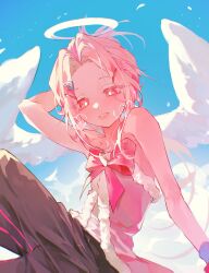  1girl alternate_costume alternate_hairstyle angel angel_wings bow colored_skin commentary cookie_run cookie_run:_kingdom eternal_sugar_cookie halo highres humanization hyuni7777 long_hair looking_at_viewer pink_background pink_hair pink_skin ponytail solo untranslatable_commentary very_long_hair wings 