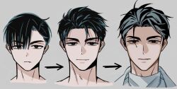  1boy alien_stage arrow_(symbol) black_hair closed_mouth commentary evolution grey_background highres ivan_(alien_stage) kasa_kskm light_frown light_smile multiple_views red_pupils shirt short_hair signature thick_eyebrows turtleneck turtleneck_shirt very_short_hair 