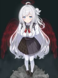  1girl ahoge angel angel_wings arms_behind_back asagi_nanami black_hair black_sailor_collar blue_eyes blush bow breasts brown_shoes brown_skirt chest_bow closed_mouth commentary_request eyelashes feathered_wings full_body grey_background halo high-waist_skirt highres juliet_sleeves large_breasts loafers long_hair long_sleeves looking_at_viewer magalumina melvy_marloze one_side_up pantyhose plaid_clothes plaid_skirt pleated_skirt puffy_sleeves red_bow red_halo red_wings sailor_collar school_uniform serafuku shirt shoes simple_background skirt smile solo standing swept_bangs turtleneck turtleneck_shirt two-tone_skirt very_long_hair white_hair white_pantyhose white_shirt wings 