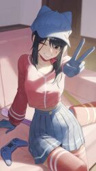  1girl absurdres animal_hat arm_support black_eyes black_hair blue_gloves blue_hat blue_skirt bow bow_choker cappie_(miside) cat_hat choker commentary_request controller couch facial_mark game_controller gloves grin hat highres long_sleeves looking_at_viewer midriff miside mita_(miside) on_couch one_eye_closed pleated_skirt red_choker red_shirt red_thighhighs shirt sidelocks sitting skirt smile solo teardrop_facial_mark thigh-highs v yecheng_anhunqu_(bilibili_1454316466) 