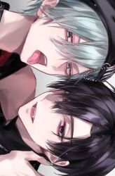  2boys alien_stage beret black_eyes black_hair commentary_request eyes_visible_through_hair fang green_nails grey_background grey_eyes grey_hair hair_between_eyes hair_over_one_eye hat highres ivan_(alien_stage) looking_at_viewer male_focus moruru_08 multiple_boys open_mouth piercing portrait short_hair sideways simple_background till_(alien_stage) tongue tongue_out tongue_piercing 