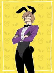  1boy absurdres animal_ears black_leotard bow bowtie brown_hair buck_teeth crossed_arms facial_hair fake_animal_ears grey_leotard highres iyami leotard looking_at_viewer male_focus midopisandayo multicolored_leotard mustache osomatsu-san osomatsu_(series) purple_leotard rabbit_tail tail teeth traditional_bowtie white_wrist_cuffs wrist_cuffs yellow_background 
