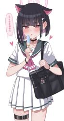  1girl animal_ears bag black_bag black_choker black_hair blue_archive blunt_bangs blush bracelet cat_ears cat_girl choker food hair_ornament halo heart highres holding holding_food holding_ice_cream ice_cream jewelry kazusa_(blue_archive) multicolored_hair neckerchief onsen_(asnrtnbrsiku) pink_hair pink_halo pink_neckerchief pleated_skirt sailor_collar school_uniform serafuku shirt short_hair short_sleeves shoulder_bag sidelocks skirt speech_bubble thigh_strap tongue tongue_out triangle_hair_ornament trinity_general_school_logo white_shirt 