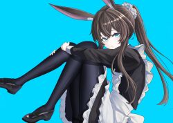  1girl absurdres amiya_(arknights) animal_ears apron arknights black_dress black_pantyhose blue_background blue_eyes blush breasts brown_hair commentary_request dress enmaided expressionless frilled_dress frills from_side full_body hair_between_eyes highres hugging_own_legs knees_together_feet_apart knees_up legs legs_up long_hair long_sleeves maid maid_apron open_mouth pantyhose ponytail rabbit_ears rabbit_girl short_dress sitting small_breasts solo thighs usatoto_1 very_long_hair white_apron 