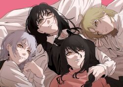  4girls absurdres black_hair blonde_hair blunt_bangs chainsaw_man closed_mouth collared_shirt death_devil_(chainsaw_man) earrings fami_(chainsaw_man) famine_devil_(chainsaw_man) hair_between_eyes highres jewelry kaorunnrunn1904 long_sleeves looking_at_viewer lying mole mole_on_cheek mole_under_eye mole_under_mouth multiple_girls nayuta_(chainsaw_man) open_mouth parted_bangs pink_hair ponytail red_shirt ringed_eyes shirt siblings sidelocks sisters tassel tassel_earrings teeth upper_teeth_only white_shirt yellow_eyes yoru_(chainsaw_man) 
