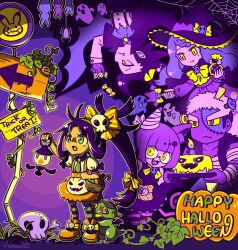  2boys 3girls :3 animal_ears axew blunt_bangs caitlin_(pokemon) cat_ears cat_girl cat_tail closed_mouth eyelashes green_necktie grimsley_(pokemon) halloween hatsuru_826 highres holding holding_wand iris_(pokemon) lanturn leaf marshal_(pokemon) multiple_boys multiple_girls necktie open_mouth pantyhose paw_pose pokemon pokemon_(creature) pokemon_black_and_white ponytail pumpkin_shorts purple_theme shauntal_(pokemon) short_hair sign skull stitched_face stitches striped_clothes striped_pantyhose tail vampire_costume wand witch yellow_eyes zombie_costume 