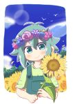  1boy basil_(omori) blush closed_mouth day dokuta flower green_eyes green_hair green_shirt head_wreath highres holding holding_flower looking_at_viewer omori outdoors overalls shirt short_hair short_sleeves smile solo sunflower upper_body 