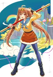  1girl :d absurdres ahoge animal_print ankle_boots antenna_hair black_boots blue_pantyhose blue_scarf bo_staff boots brown_hair commentary_request cosplay double-parted_bangs eiyuu_densetsu estelle_bright floating_hair full_body gold_tiara hair_between_eyes highres holding holding_staff journey_to_the_west kernel_killer long_hair long_sleeves looking_at_viewer open_mouth over_shoulder pantyhose platform_boots red_eyes scarf shirt smile solo sora_no_kiseki staff sun_wukong sun_wukong_(cosplay) tiara tiger_print tiger_print_skirt twintails very_long_hair weapon weapon_over_shoulder yellow_shirt 