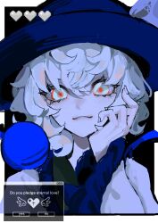  1girl absurdres black_hat bow closed_mouth collared_shirt commentary disembodied_linked_eye english_commentary english_text eyeball frilled_shirt_collar frilled_sleeves frills green_eyes green_hair hand_on_own_cheek hand_on_own_face hat hat_bow heart highres komeiji_koishi long_sleeves looking_at_viewer mashi_(umashiodare) shirt smile solo touhou upper_body wide_sleeves window_(computing) yellow_bow yellow_shirt 