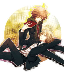  2boys belt black_jacket blonde_hair book border brown_hair collared_shirt cross_tie danganronpa:_trigger_happy_havoc danganronpa_(series) glasses green_jacket holding holding_book hood hooded_jacket jacket lap_pillow layered_sleeves long_sleeves lying male_focus matsumoto_temari multiple_boys naegi_makoto on_back pants reading round_border shirt short_hair sitting togami_byakuya white_border white_shirt zipper_pull_tab 