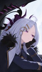  1girl absurdres ahoge black_coat black_gloves blue_archive closed_mouth coat day gloves hair_ornament hairclip halo hand_on_own_cheek hand_on_own_face highres hina_(blue_archive) horns long_hair long_sleeves looking_to_the_side parted_bangs purple_halo shirt sitting solo violet_eyes weimiaw white_shirt window 