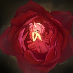  1girl absurdres alternate_costume amy_rose backless_dress backless_outfit chinese_commentary closed_eyes commentary dress flower flower_dress hedgehog_girl highres layered_dress long_dress lying on_side red_dress red_flower red_rose rose solo sonic_(series) texiao_aaa 